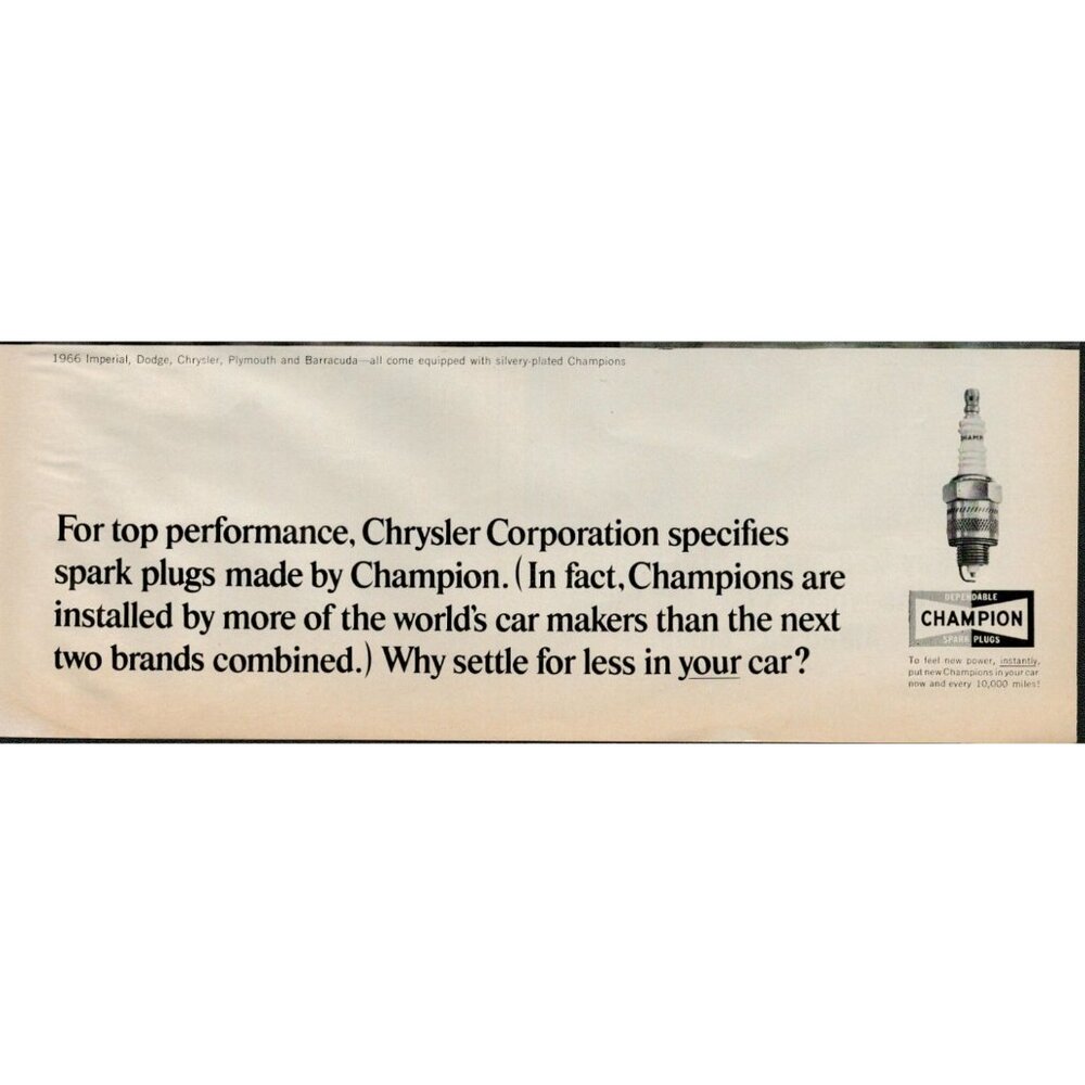 1965 Champion Spark Plugs f/ Chrysler Automobiles Vintage Print Ad (L17) - Picture 3 of 3